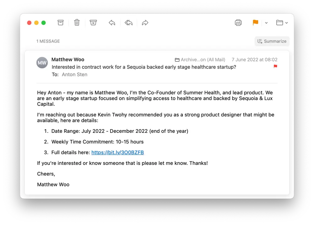 Screenshot of email from Matthew