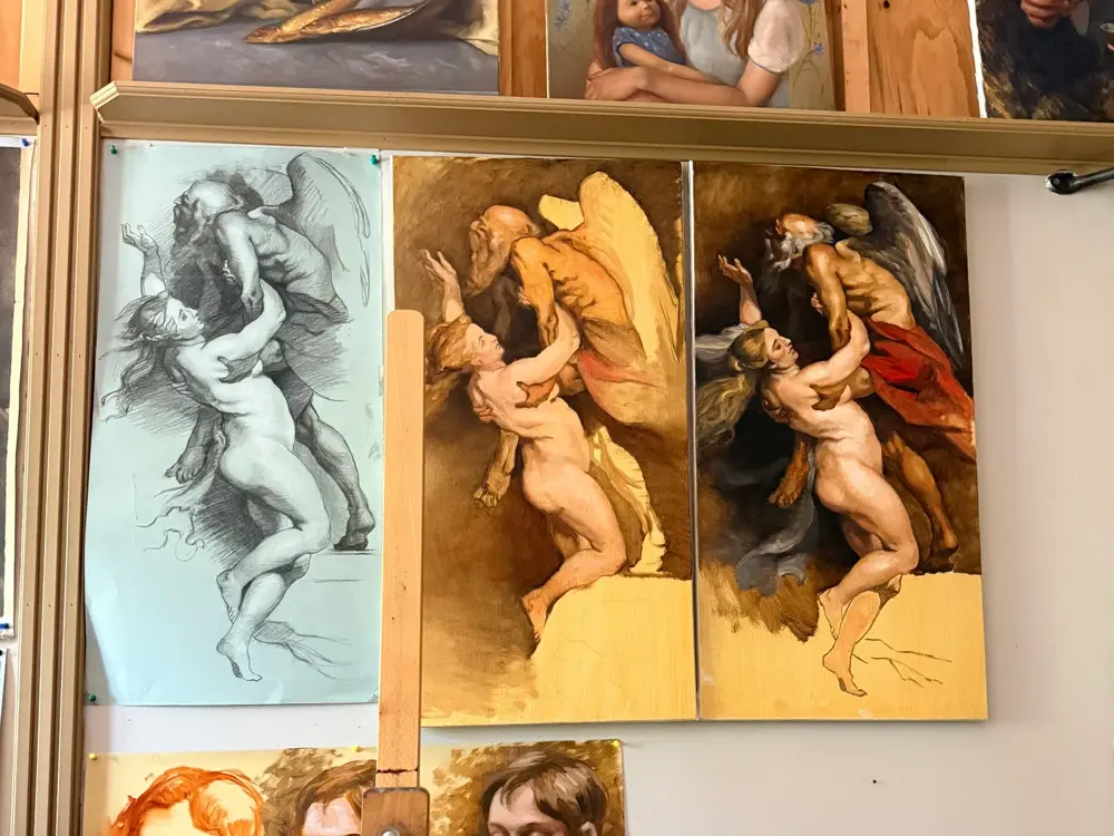 The same composition three times on a studio wall: as a charcoal sketch, as an underpainting, and as the finished painting